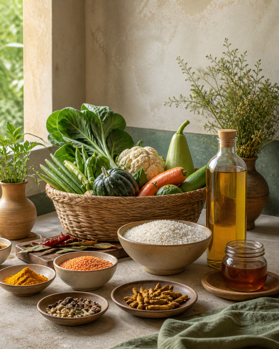Organic rice, lentils, spices, mustard oil, honey and fresh vegetables arranged for a Bangladeshi family pantry